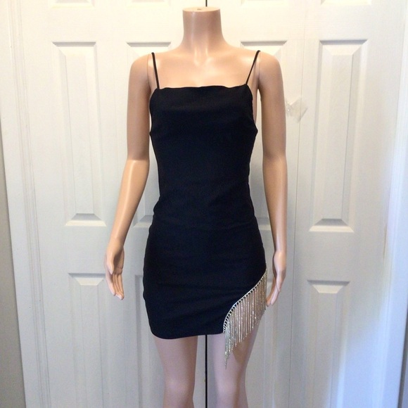Papaya Womens Black Rhinestone Tasseled Mini Bodycon Dress Size Medium - Picture 3 of 8